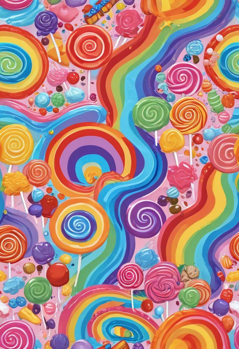 A whimsical candy landscape featuring a rainbow of different candy varieties such as lollipops, gummies, and chocolate bars scattered against a backdrop of swirling pastel colors. Include playful characters made of candy who are joyfully interacting, with a winding path leading through this sugary wonderland. Bright, cheerful, and inviting, embodying the essence of fun and sweetness. vibrant colors. cartoon style. 3D.