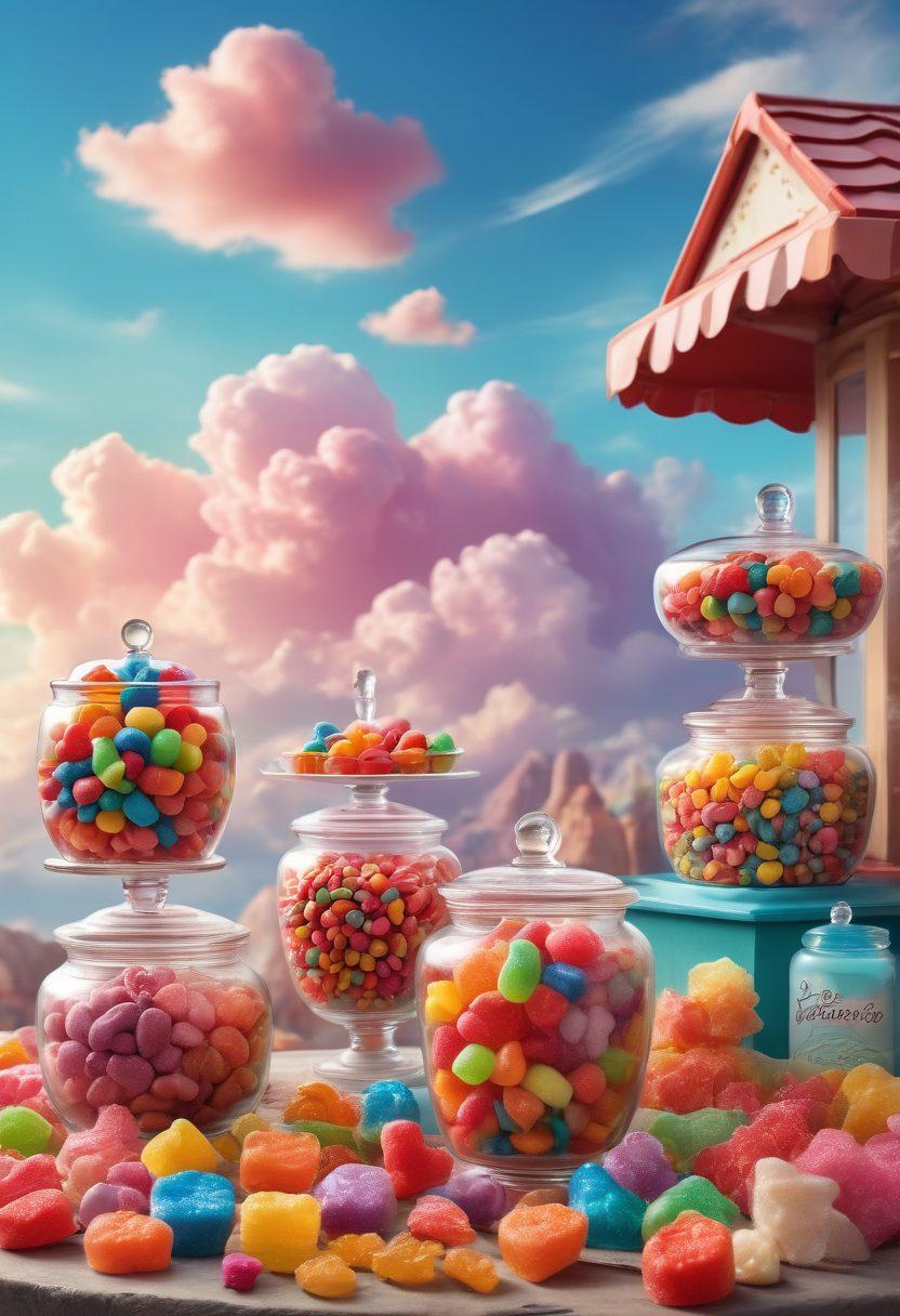 A whimsical candy landscape featuring colorful artisanal treats like handmade chocolates, gourmet gummy bears, and elegant lollipops, surrounded by a dreamy sky with fluffy clouds. Include a vibrant candy shop in the background, with jars of sweets and decorative elements. The overall tone should evoke a sense of joy and indulgence in sweets. super-realistic. vibrant colors. whimsical style.