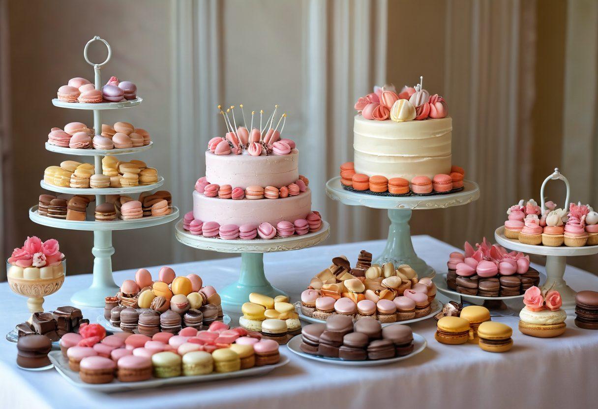 A whimsical display of exquisite desserts and confections, featuring elegant cakes, colorful macarons, and artisanal chocolates, all arranged on a beautifully decorated table. Soft pastel colors and delicate floral accents enhance the inviting atmosphere, while mouth-watering details entice the viewer. A gentle sunlight filters through, casting a warm glow on these sweet delights. dreamy, soft-focus, vibrant colors.